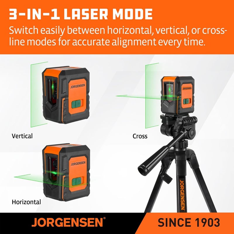 Jorgensen Laser Level with Tripod, 100 FT Dual Modules Self Leveling Cross Line Laser Leveler Tool with 360° Magnetic Base, Green Laser Level for Picture Hanging, Tile, Home Renovation, Indoor Project - Image 3